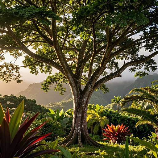 Photograph of a large, sunlit tree with sprawling branches, surrounded by lush greenery and vibrant red flowers, set against a misty, mountain