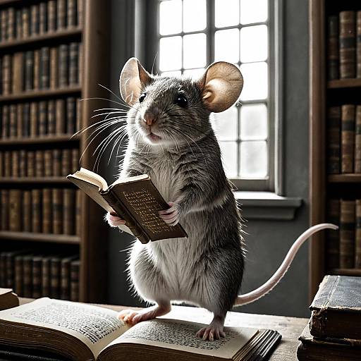 Mouse Reading Book in Antique Library