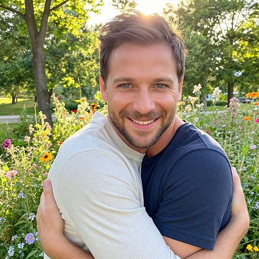 Smiling, bearded man in black and white shirts, hugging self, surrounded by sunlit park flowers and trees, bright sunlight filtering through leaves