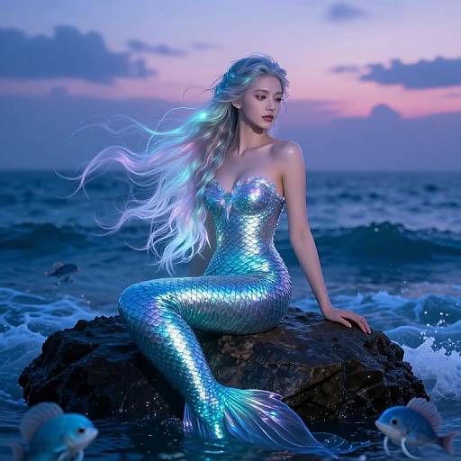 Digital art of a silver-scaled, long-haired mermaid with glowing blue hair, sitting on a rock at twilight, ocean waves and fish in the