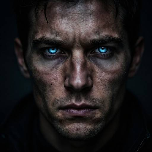Close-up photograph of a rugged, dirty-faced man with piercing blue eyes, dark shadows, and intense expression, set against a dark background.