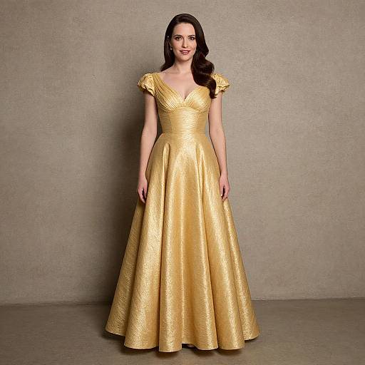 Photograph of a smiling woman with long brown hair wearing a gold, intricately patterned, V-neck, short-sleeve ball gown against a