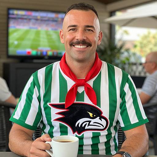 Photograph of a smiling middle-aged man with a mustache, wearing a green and white striped soccer jersey with a red scarf, holding a coffee cup