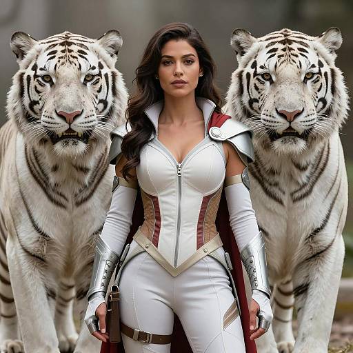 Woman as Marvel's White Tiger with Two Majestic White Tigers