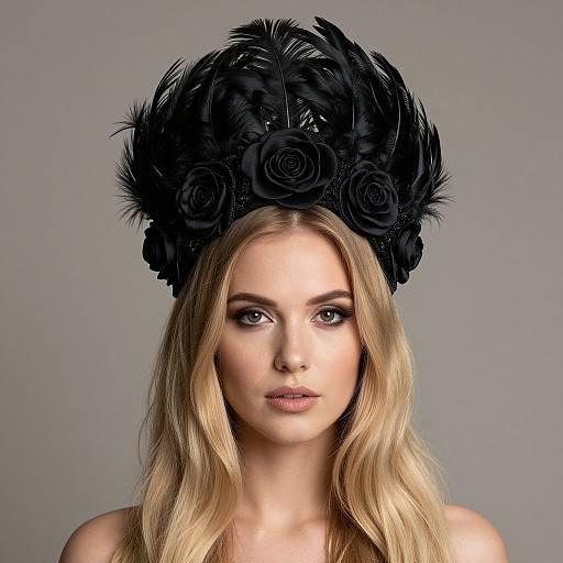 Photograph of a blonde woman with wavy hair, wearing a black feather and rose headpiece, against a gray background, with a neutral expression.