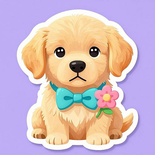 Cute digital illustration of a fluffy golden puppy with large black eyes, wearing a blue bowtie and a pink flower on its left side, against a