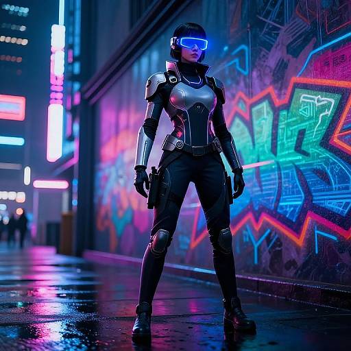Cyberpunk female warrior in black armor and blue visor stands confidently in a neon-lit, graffiti-covered alley at night.