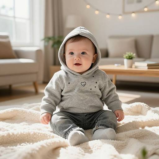 Cozy Baby in Gray Hoodie and Jeans