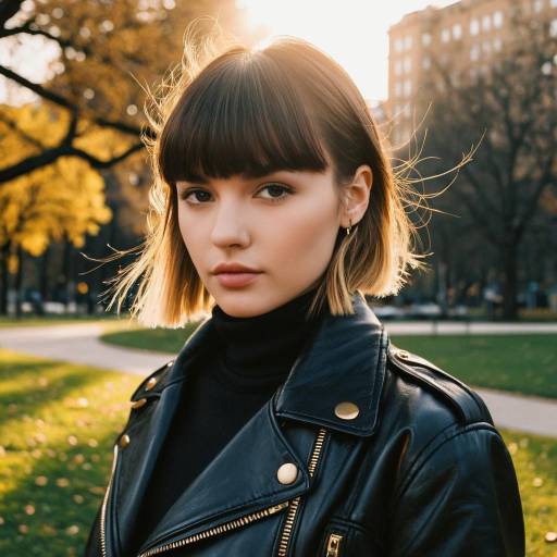 Woman with Arched Bangs and Leather Jacket in City Park