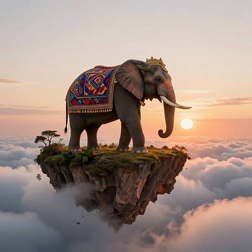 Photograph of a majestic, decorated elephant standing on a floating cliff at sunrise, surrounded by clouds, with a small tree below.