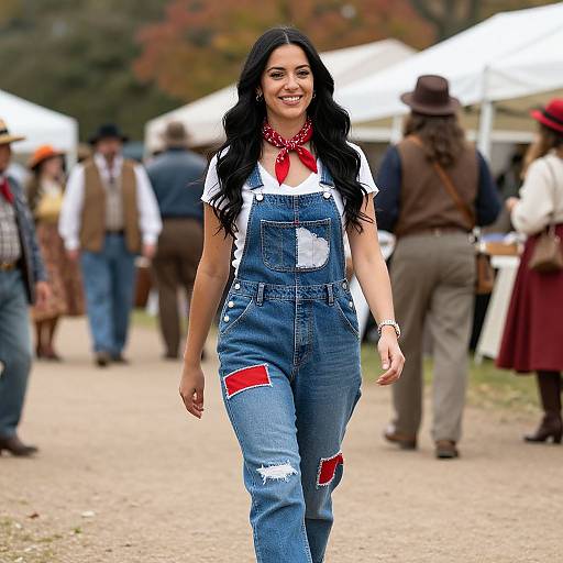 Photograph of a smiling woman with long black hair, wearing a red bandana, white shirt, and blue, patched denim overalls, walking in
