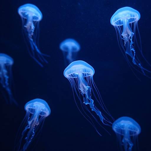 Photograph of glowing blue jellyfish with translucent, flowing tentacles against a dark blue underwater background, creating a mesmerizing, ethereal effect.