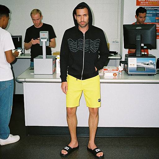Photograph of a man in a black hoodie and yellow shorts standing in a store, wearing black flip-flops, with two employees in the background.