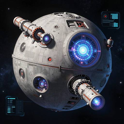 Photorealistic digital artwork of a futuristic, spherical spacecraft with three blue-lit cylindrical appendages, floating in dark, star-filled space.