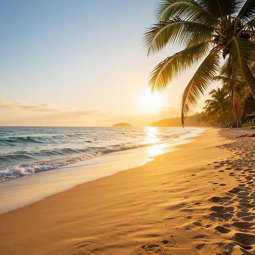Photograph of a golden sunset on a sandy tropical beach with gentle waves, palm trees, and vibrant orange and blue sky.