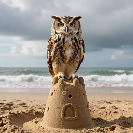 Majestic Owl on Sandcastle at Beach