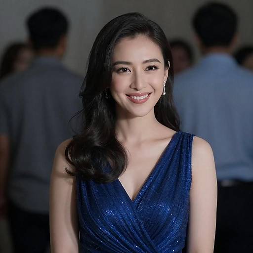 Photograph of a smiling Asian woman with long black hair, wearing a sparkly blue V-neck dress, standing in a dimly lit room with blurred