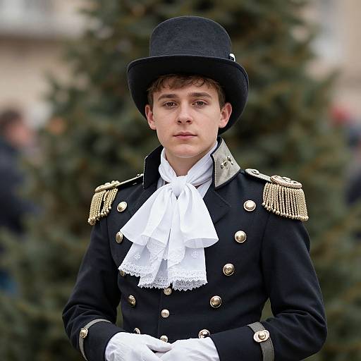 Photograph of a young Caucasian man in a black military-style uniform with gold epaulets, white lace necktie, black top hat, and