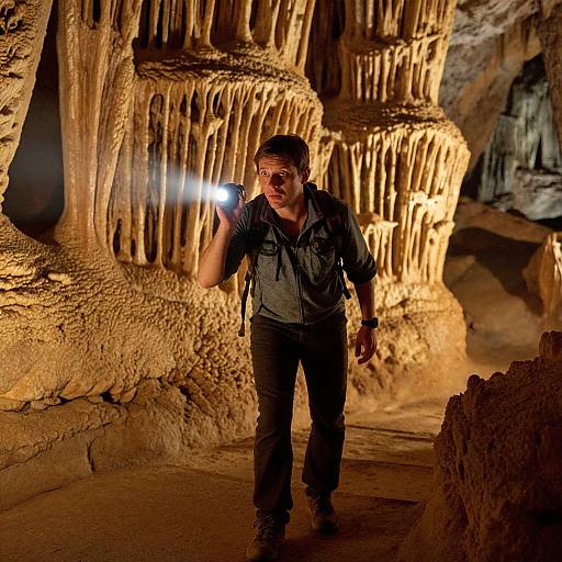 Photograph of a man in a dark cave, holding a flashlight, wearing a gray shirt and black pants, illuminating rugged, orange-hued rock