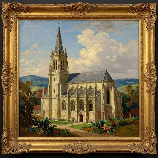 French Gothic Church Oil Painting