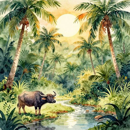 Watercolor painting of a water buffalo standing by a tropical stream, surrounded by lush palm trees and dense greenery at sunrise.