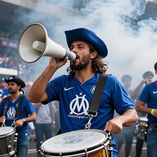 Photograph of a bearded male drummer in a blue cricket team shirt, white megaphone, blue hat, playing in a smoky street parade