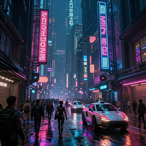 Neon-lit cyberpunk street scene at night, with rain-slicked pavement, glowing signs, crowded pedestrians, and futuristic white sports cars,