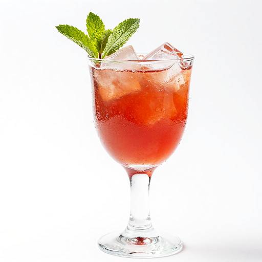 Photograph of a red cocktail in a clear glass with melting ice, a green mint leaf garnish, and condensation droplets on the glass,