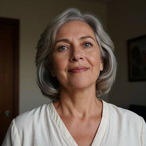 Photograph of a smiling middle-aged woman with short gray hair, blue eyes, and fair skin, wearing a white blouse, in a dimly lit