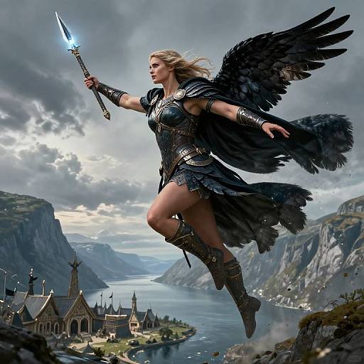 Digital fantasy artwork of a blonde angelic warrior with black wings, armored dress, and boots, soaring with a glowing sword above a medieval castle by a