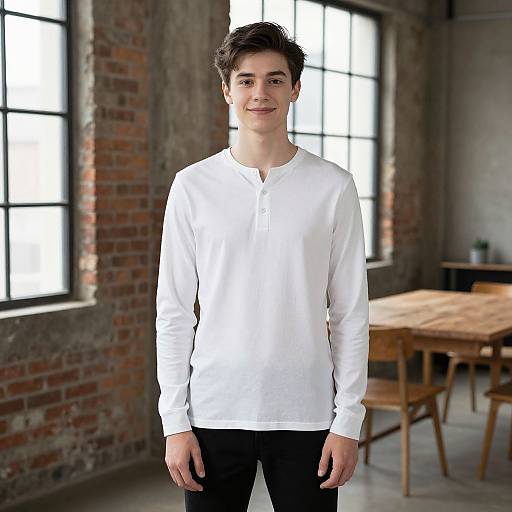 Photograph of a young man with short brown hair, wearing a white long-sleeve henley shirt and black pants, standing in a rustic loft