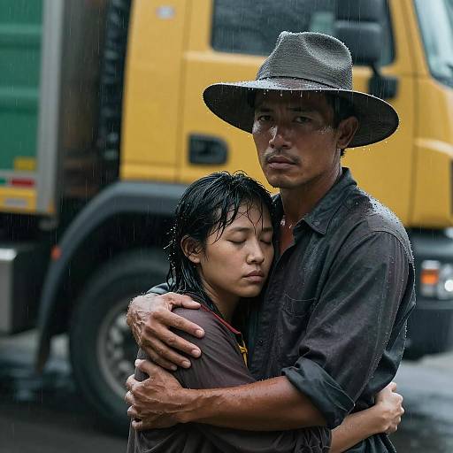 Dramatic Rainy Scene with Unknown Figures