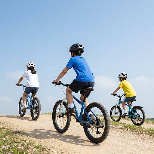 Photograph of three children riding bikes on a dirt path under a clear blue sky. Two wear white shirts, one in blue, all with helmets.