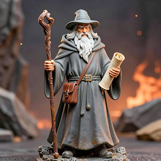 Elderly Wizard Figurine with Staff and Scroll