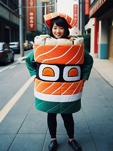 Person in Sushi Roll Costume on Urban Street