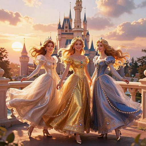 Three princesses in shimmering gowns and tiaras walk on a sunlit castle balcony, with a grand castle in the background. Digital artwork.