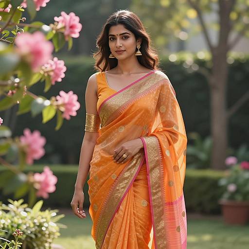 Young Woman in Orange Designer Organza Saree in Garden