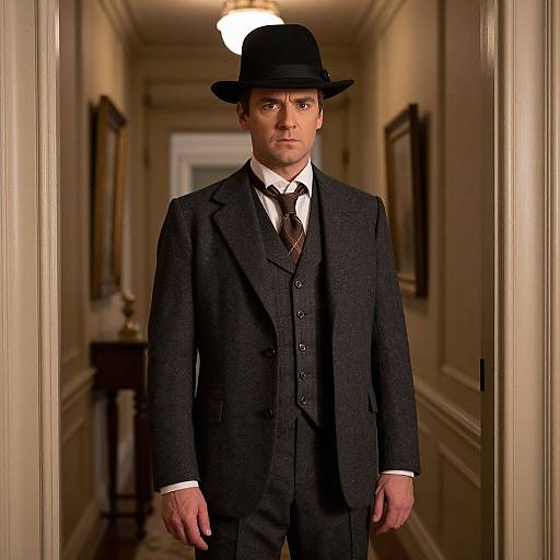 Photograph of a serious Caucasian man in a dark Victorian-style suit, white shirt, black tie, and black bowler hat standing in a dimly
