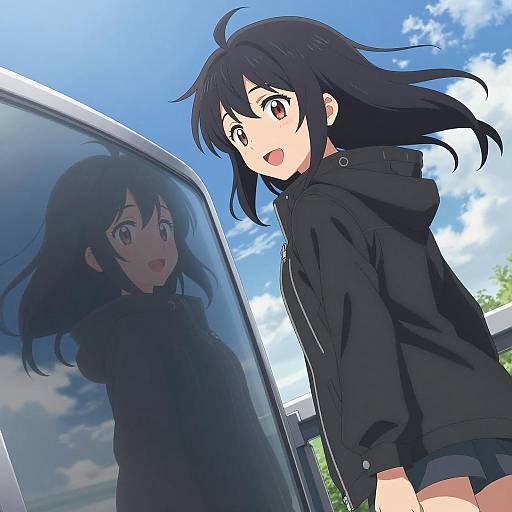 Anime Girl Reflection with Blue Sky