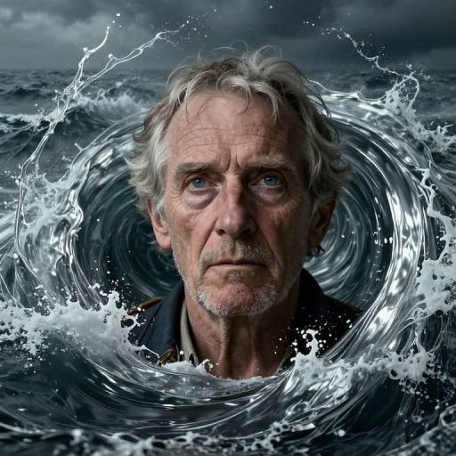 Photorealistic CGI of an elderly man with gray hair and beard, surrounded by swirling ocean water, with intense blue eyes. Dark, stormy sky