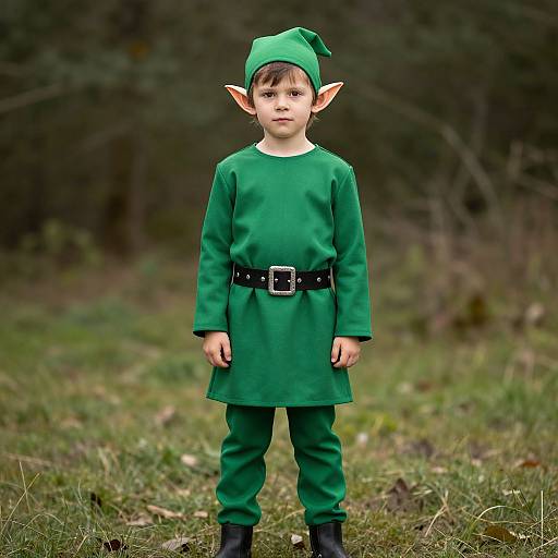 Photograph of a young boy with elf costume: green tunic, black belt with buckle, green pants, green hat, pointed ears, standing in