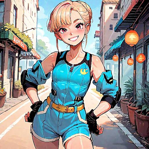 Anime Girl in Blue Jumpsuit Outdoors