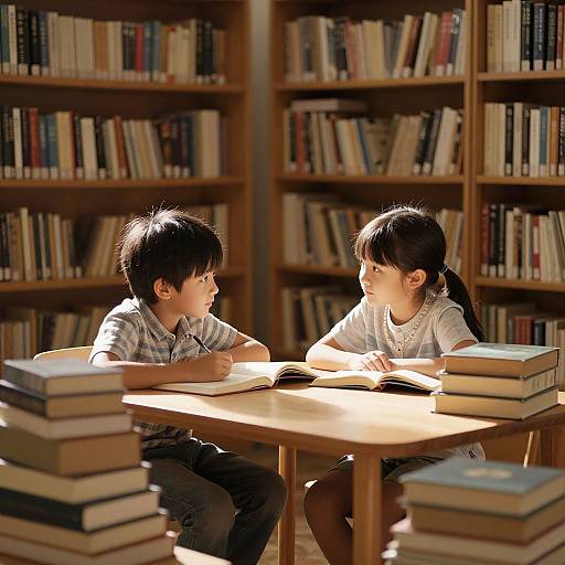 Photograph of a boy and girl, both with dark hair, sitting at a wooden table in a sunlit library, surrounded by bookshelves and