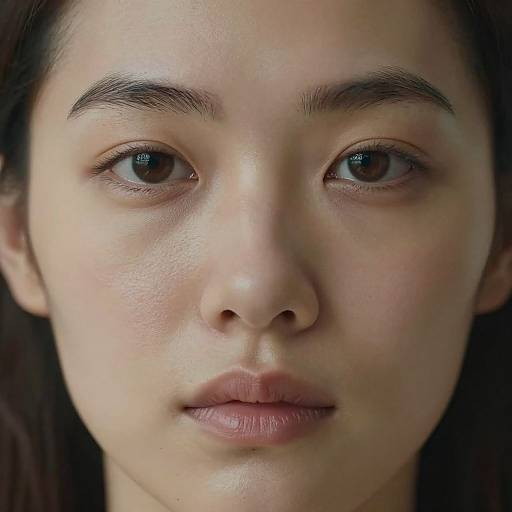Close-up photograph of an East Asian woman with fair skin, dark brown eyes, subtle makeup, and natural eyebrows, looking directly at the camera.
