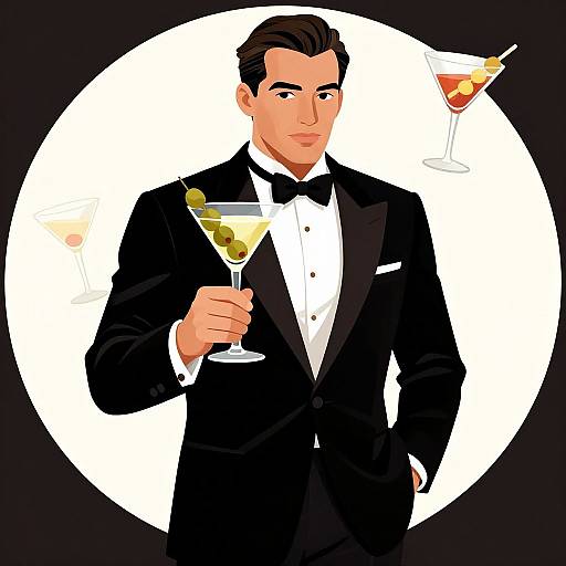 Digital illustration of a handsome man in a black tuxedo, holding a martini, with two cocktails in the background, set against a white circle