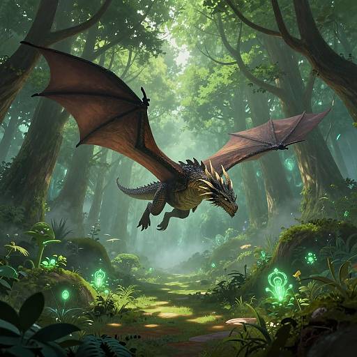 Digital fantasy artwork of a dark, red-winged dragon flying through a dense, enchanted forest with glowing green plants and misty sunlight.
