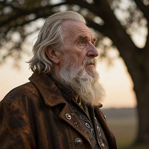 Photograph of an elderly white man with long, white beard and mustache, wearing a brown leather jacket, gazing thoughtfully into the distance at