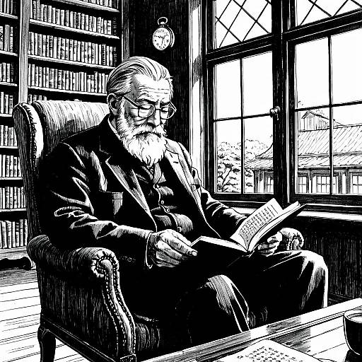 Elderly Man Reading in Library