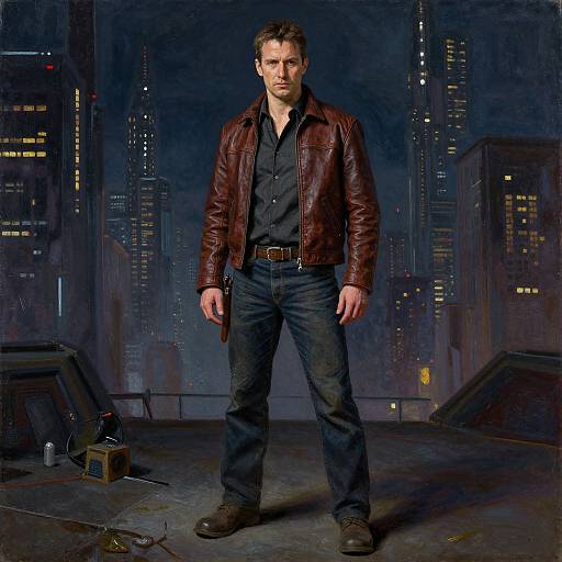 Photograph of a serious-looking man in a dark red leather jacket, black shirt, and blue jeans, standing in a dimly lit, futuristic city