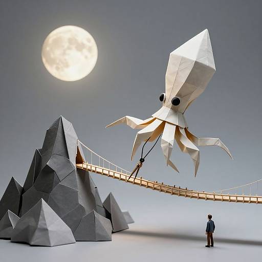Photograph of a surreal scene with a large, white origami octopus crossing a rope bridge over jagged gray mountains under a bright full moon,